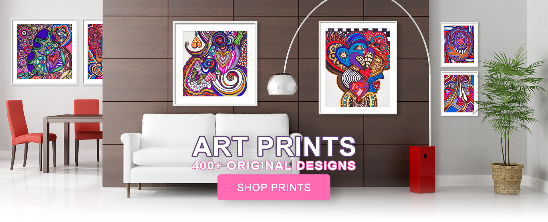 Colorful abstract wall art in bright white living room