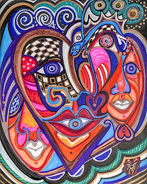 faces masks hearts colorful abstract art